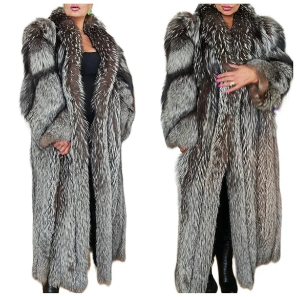 Vintage Genuine "Chubby" Fluffy Silver Indigo Fox Fur Full Length Coat - Picture 2 of 13